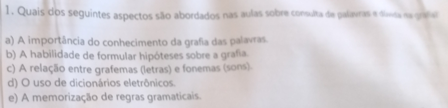 Quais dos seguintes aspectos são abordados nas aulas sobre consulta de palavras e dúvida na grafa
a) A importância do conhecimento da grafia das palavras.
b) A habilidade de formular hipóteses sobre a grafia.
c) A relação entre grafemas (letras) e fonemas (sons).
d) O uso de dicionários eletrônicos.
e) A memorização de regras gramaticais.