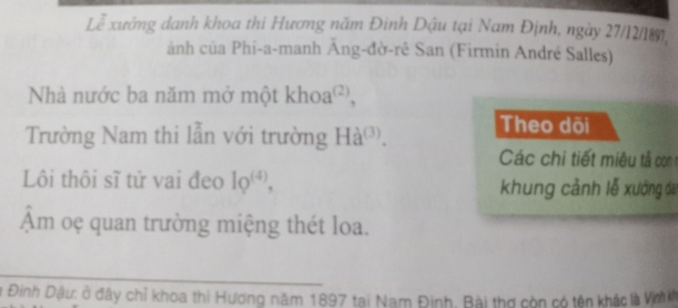 Lễ xưởng danh khoa thi Hương năm Đinh Dậu tại Nam Định, ngày 27/12/1891, 
ảnh của Phi-a-manh Ăng-đờ-rê San (Firmin André Salles) 
Nhà nước ba năm mở mộ tkhoa^((2)), 
Trường Nam thi lẫn với trường Ha^((3)). Theo dõi 
Các chi tiết miêu tả con 
Lôi thôi sĩ tử vai đeo 1Q^((4)), khung cảnh lễ xướng đa 
Âm oẹ quan trường miệng thét loa. 
Đinh Dậu: ở đây chỉ khoa thi Hương năm 1897 tại Nam Đinh, Bài thợ còn có tên khác là Vịnh kh