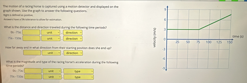 The motion of a racing horse is captured using a motion detector and displayed on the
graph shown. Use the graph to answer the following questions.'
Right is defined as positive.
Answers have a 5% tolerance to allow for estimation. 
What is the distance and direction traveled during the following time periods?
0s - 75s: □ unit direction
)
75s - 150s : unit direction 
How far away and in what direction from their starting position does she end up?
unit direction
What is the magnitude and type of the racing horse's acceleration during the following
time periods?
0s- 7 s:□ unit type
75s - 150s :  ·s  unit type