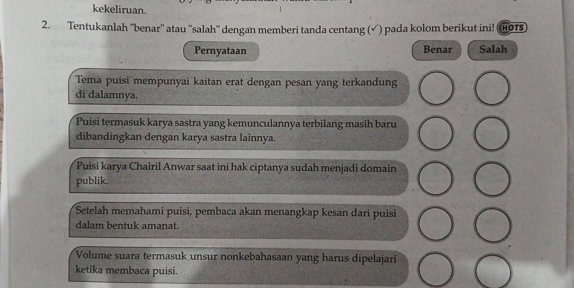 kekeliruan. 
2. Tentukanlah ''benar'' atau ''salah'' dengan memberi tanda centang (√) pada kolom berikut ini! (HoTs 
Pernyataan Benar Salah 
Tema puisi mempunyai kaitan erat dengan pesan yang terkandung 
di dalamnya. 
Puisi termasuk karya sastra yang kemunculannya terbilang masih baru 
dibandingkan dengan karya sastra lainnya. 
Puisi karya Chairil Anwar saat ini hak ciptanya sudah menjadi domain 
publik. 
Setelah memahami puisi, pembaca akan menangkap kesan dari puisi 
dalam bentuk amanat. 
Volume suara termasuk unsur nonkebahasaan yang harus dipelajari 
ketika membaca puisi.