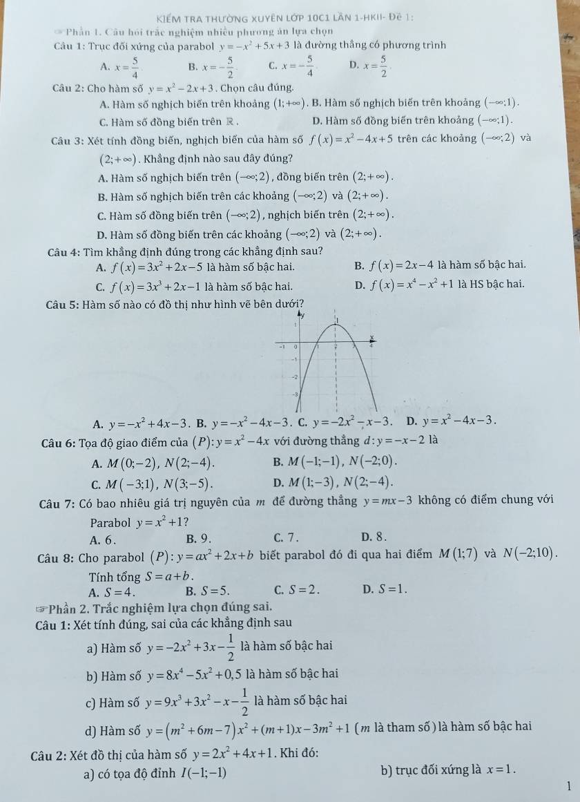 KếM trA thường xuyên lớp 10C1 lần 1-hkII- Đê 1:
* Phần 1. Câu hỏi trấc nghiệm nhiều phương ăn lựa chọn
Câu 1: Trục đối xứng của parabol y=-x^2+5x+3 là đường thẳng có phương trình
A. x= 5/4  B. x=- 5/2 . C. x=- 5/4  D. x= 5/2 .
Câu 2: Cho hàm số y=x^2-2x+3. Chọn câu đúng.
A. Hàm số nghịch biến trên khoảng (1;+∈fty ). B. Hàm số nghịch biến trên khoảng (-∈fty ;1).
C. Hàm số đồng biến trên R . D. Hàm số đồng biến trên khoảng (-∈fty ;1).
Câu 3: Xét tính đồng biến, nghịch biến của hàm số f(x)=x^2-4x+5 trên các khoảng (-∈fty ;2) và
(2;+∈fty ). Khẳng định nào sau đây đúng?
A. Hàm số nghịch biến trên (-∈fty ;2) , đồng biến trên (2;+∈fty ).
B. Hàm số nghịch biến trên các khoảng (-∈fty ;2) và (2;+∈fty ).
C. Hàm số đồng biến trên (-∈fty ;2) , nghịch biến trên (2;+∈fty ).
D. Hàm số đồng biến trên các khoảng (-∈fty ;2) và (2;+∈fty ).
Câu 4: Tìm khẳng định đúng trong các khẳng định sau?
A. f(x)=3x^2+2x-5 là hàm số bậc hai. B. f(x)=2x-4 là hàm số bậc hai.
C. f(x)=3x^3+2x-1 là hàm số bậc hai. D. f(x)=x^4-x^2+1 là HS bậc hai.
Câu 5: Hàm số nào có đồ thị như hình vẽ bên dưới?
A. y=-x^2+4x-3. B. y=-x^2-4x-3. C. y=-2x^2-x-3 D. y=x^2-4x-3.
Câu 6: Tọa độ giao điểm của (P):y=x^2-4x với đường thẳng d : y=-x-2 là
A. M(0;-2),N(2;-4). B. M(-1;-1),N(-2;0).
C. M(-3;1),N(3;-5). D. M(1;-3),N(2;-4).
Câu 7: Có bao nhiêu giá trị nguyên của m để đường thẳng y=mx-3 không có điểm chung với
Parabol y=x^2+1 ?
A. 6 . B. 9. C. 7 . D. 8 .
Câu 8: Cho parabol (P):y=ax^2+2x+b biết parabol đó đi qua hai điểm M(1;7) và N(-2;10).
Tính tổng S=a+b.
A. S=4. B. S=5. C. S=2. D. S=1.
3 *Phần 2. Trắc nghiệm lựa chọn đúng sai.
Câu 1: Xét tính đúng, sai của các khẳng định sau
a) Hàm số y=-2x^2+3x- 1/2  là hàm số bậc hai
b) Hàm số y=8x^4-5x^2+0,5 là hàm số bậc hai
c) Hàm số y=9x^3+3x^2-x- 1/2  là hàm số bậc hai
d) Hàm số y=(m^2+6m-7)x^2+(m+1)x-3m^2+1 (m là tham số ) là hàm số bậc hai
Câu 2: Xét đồ thị của hàm số y=2x^2+4x+1. Khi đó:
a) có tọa độ đỉnh I(-1;-1) b) trục đối xứng là x=1.
1