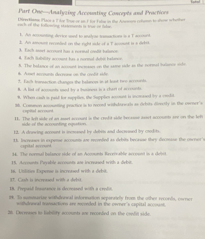 Tofal 
Part One—Analyzing Accounting Concepts and Practices 
Directions: Place a T for True or an F for False in the Answers column to show whether 
each of the following statements is true or false. 
1. An accounting device used to analyze transactions is a T account. 
2. An amount recorded on the right side of a T account is a debit. 
3. Each asset account has a normal credit balance. 
4. Each liability account has a normal debit balance. 
5. The balance of an account increases on the same side as the normal balance side. 
6. Asset accounts decrease on the credit side. 
7. Each transaction changes the balances in at least two accounts. 
8. A list of accounts used by a business is a chart of accounts. 
9. When cash is paid for supplies, the Supplies account is increased by a credit. 
10. Common accounting practice is to record withdrawals as debits directly in the owner's 
capital account. 
11. The left side of an asset account is the credit side because asset accounts are on the left 
side of the accounting equation. 
12. A drawing account is increased by debits and decreased by credits. 
13. Increases in expense accounts are recorded as debits because they decrease the owner's 
capital account. 
14. The normal balance side of an Accounts Receivable account is a debit. 
15. Accounts Payable accounts are increased with a debit. 
16. Utilities Expense is increased with a debit. 
17. Cash is increased with a debit. 
18. Prepaid Insurance is decreased with a credit. 
19. To summarize withdrawal information separately from the other records, owner 
withdrawal transactions are recorded in the owner's capital account. 
20. Decreases to liability accounts are recorded on the credit side.