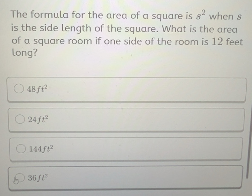 Solved: The formula for the area of a square is s^2 when s is the side ...