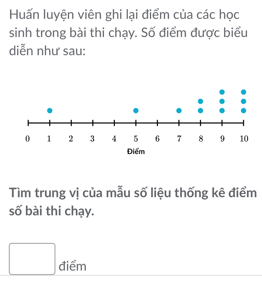 Huấn luyện viên ghi lại điểm của các học 
sinh trong bài thi chạy. Số điểm được biểu 
diễn như sau: 
Tìm trung vị của mẫu số liệu thống kê điểm 
số bài thi chạy. 
□ điểm