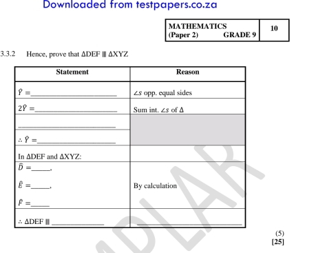 Downloaded from testpapers.co.za
MATHEMATICS 10
(Paper 2) GRADE 9
3.3.2 ; Hence, prove that ΔDEF ||| ΔXYZ
(5)
[25]