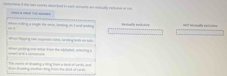 Determine if the two events described in each scenario are mutually exclusive or not
DRAG & DROP THE ANSWER
Mutually exclusive
When rolling a single die once, landing on 2 and landing NOT Mutually exclusive
on 6
When fepping two separate coins, landing both on tails.
When picking one letter from the alphabet, selecting a
vowel and a consonant.
The event of drawing a King from a deck of cards, and
then drawing another King from the deck of cards