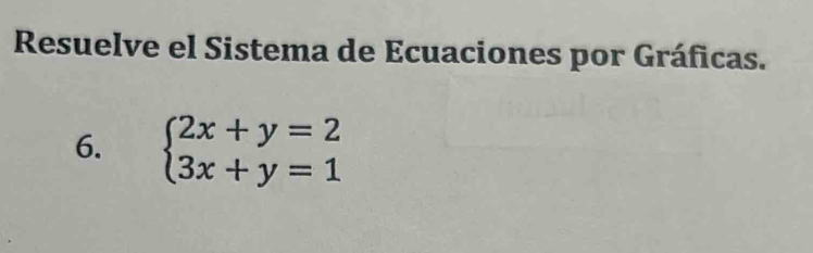 Resuelve el Sistema de Ecuaciones por Gráficas. 
6. beginarrayl 2x+y=2 3x+y=1endarray.