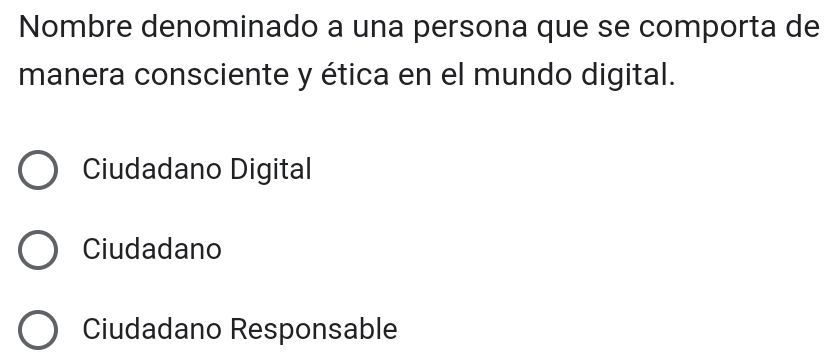 Nombre denominado a una persona que se comporta de
manera consciente y ética en el mundo digital.
Ciudadano Digital
Ciudadano
Ciudadano Responsable