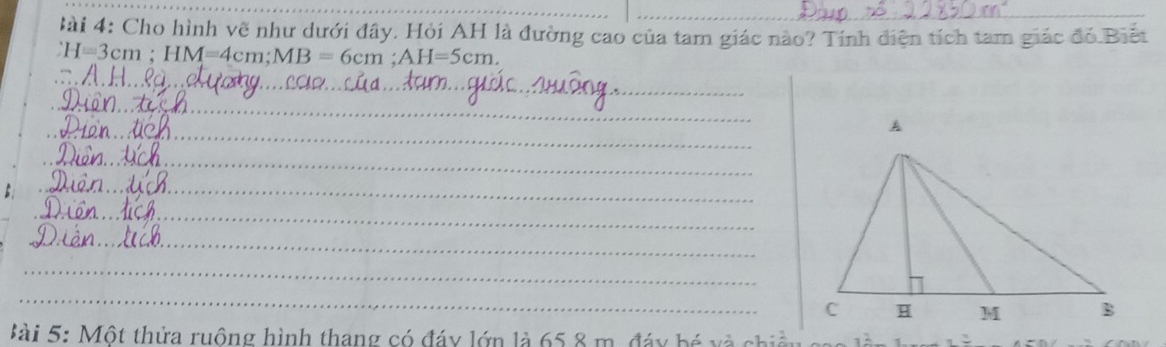 lài 4: Cho hình về như dưới đây, Hỏi AH là đường cao của tam giác nào? Tính diện tích tam giác đó Biết
H=3cm; HM=4cm; MB=6cm; AH=5cm. 
_ 
_ 
_ 
_ 
_ 
_ 
_ 
_ 
_ 
à i 5: Một thửa ruông hình thang có đáy lớn là 65 8 m. đáy bé và chiền