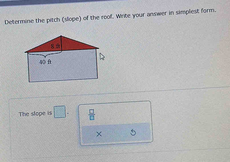 Determine the pitch (slope) of the roof. Write your answer in simplest form. 
The slope is □.  □ /□  
× 5