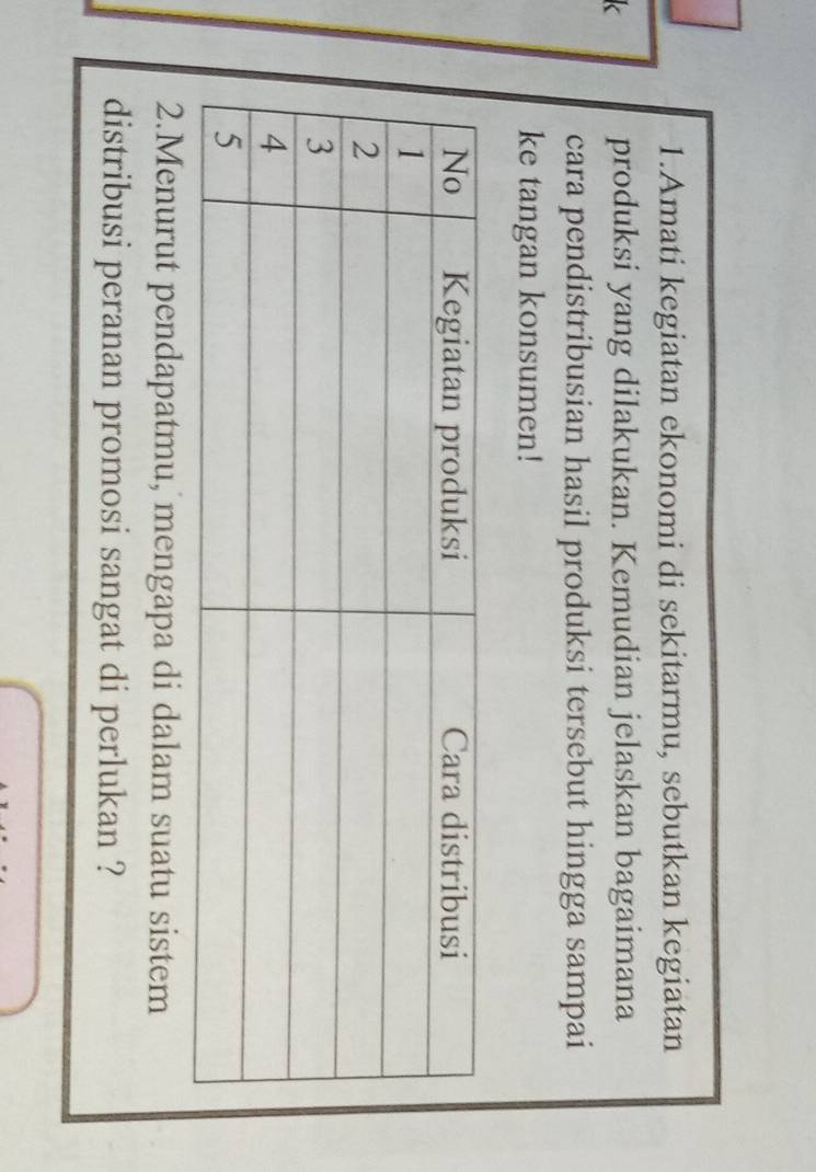 Amati kegiatan ekonomi di sekitarmu, sebutkan kegiatan 
k 
produksi yang dilakukan. Kemudian jelaskan bagaimana 
cara pendistribusian hasil produksi tersebut hingga sampai 
ke tangan konsumen! 
2.Menurut pendapatmu, mengapa di dalam suatu sistem 
distribusi peranan promosi sangat di perlukan ?