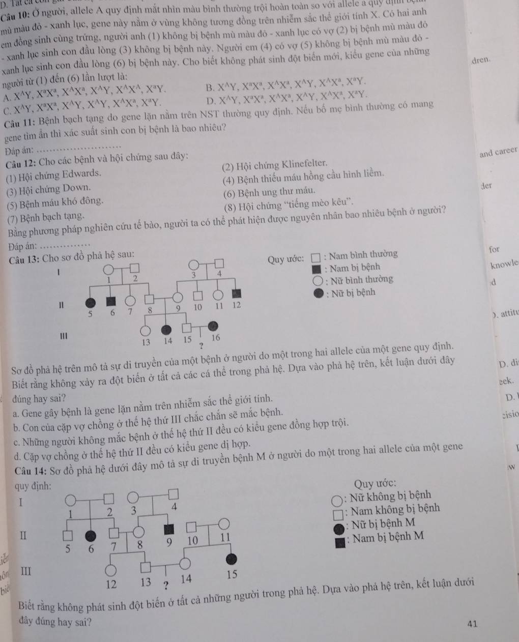 Tất cá con
Cầu 10: Ở người, allele A quy định mắt nhìn màu bình thường trội hoàn toàn so với allele a quy di
mù màu đỏ - xanh lục, gene này nằm ở vùng không tương đồng trên nhiễm sắc thể giới tính X. Có hai anh
em đồng sinh cùng trứng, người anh (1) không bị bệnh mù màu đỏ - xanh lục có vợ (2) bị bệnh mù màu đỏ
- xanh lục sinh con đầu lòng (3) không bị bệnh này. Người em (4) có vợ (5) không bị bệnh mù màu đó -
dren.
xanh lục sinh con đầu lòng (6) bị bệnh này. Cho biết không phát sinh đột biển mới, kiểu gene của những
người từ (1) đến (6) lần lượt là:
X^(wedge)Y,X^aX^a,X^AX^a,X^AY,X^AX^A,X^aY. B. X^(wedge)Y,X^aX^a,X^(wedge)X^a,X^(wedge)Y,X^(wedge)X^a,X^aY.
A. X^AY,X^aX^a,X^AY,X^AY,X^AX^a,X^aY.
D. X^(wedge)Y,X^aX^a,X^(wedge)X^a,X^(wedge)Y,X^(wedge)X^n,X^aY.
C.
Câu 11: Bệnh bạch tạng do gene lặn nằm trên NST thường quy định. Nếu bố mẹ bình thường có mang
_
gene tìm ần thì xác suất sinh con bị bệnh là bao nhiêu?
Đáp án:
Câu 12: Cho các bệnh và hội chứng sau đây:
and career
(1) Hội chứng Edwards. (2) Hội chứng Klinefelter.
(3) Hội chứng Down. (4) Bệnh thiếu máu hồng cầu hình liềm.
(5) Bệnh máu khó đông. (6) Bệnh ung thư máu. der
(7) Bệnh bạch tạng. (8) Hội chứng “tiếng mèo kêu”.
Bằng phương pháp nghiên cứu tế bào, người ta có thể phát hiện được nguyên nhân bao nhiêu bệnh ở người?
Đáp án:_
Câu 13: Cho sơ đồ phả hệ sau:
1  Quy ước: : Nam bình thường for
: Nam bị bệnh
knowle
: Nữ bình thường
d
: Nữ bị bệnh
). attitu
II
Sơ đồ phả hệ trên mô tả sự di truyền của một bệnh ở người do một trong hai allele của một gene quy định.
Biết rằng không xảy ra đột biển ở tất cả các cá thể trong phả hệ. Dựa vào phả hệ trên, kết luận dưới đây D. di
eek.
dúng hay sai? D.
a. Gene gây bệnh là gene lặn nằm trên nhiễm sắc thể giới tính.
b. Con của cặp vợ chồng ở thế hệ thứ III chắc chắn sẽ mắc bệnh.
cisio
c. Những người không mắc bệnh ở thế hệ thứ II đều có kiểu gene đồng hợp trội.
d. Cặp vợ chồng ở thể hệ thứ II đều có kiều gene dị hợp.
Câu 14: Sơ đồ phả hệ dưới đây mô tả sự di truyền bệnh M ở người do một trong hai allele của một gene
N
quy địn
Quy ước:
I
: Nữ không bị bệnh
: Nam không bị bệnh
: Nữ bị bệnh M
II
: Nam bị bệnh M
iê
ôn III
bis
Biết rằng không phát sinh đột biến ở tất cả những ngư trong phả hệ. Dựa vào phả hệ trên, kết luận dưới
đây đúng hay sai? 41