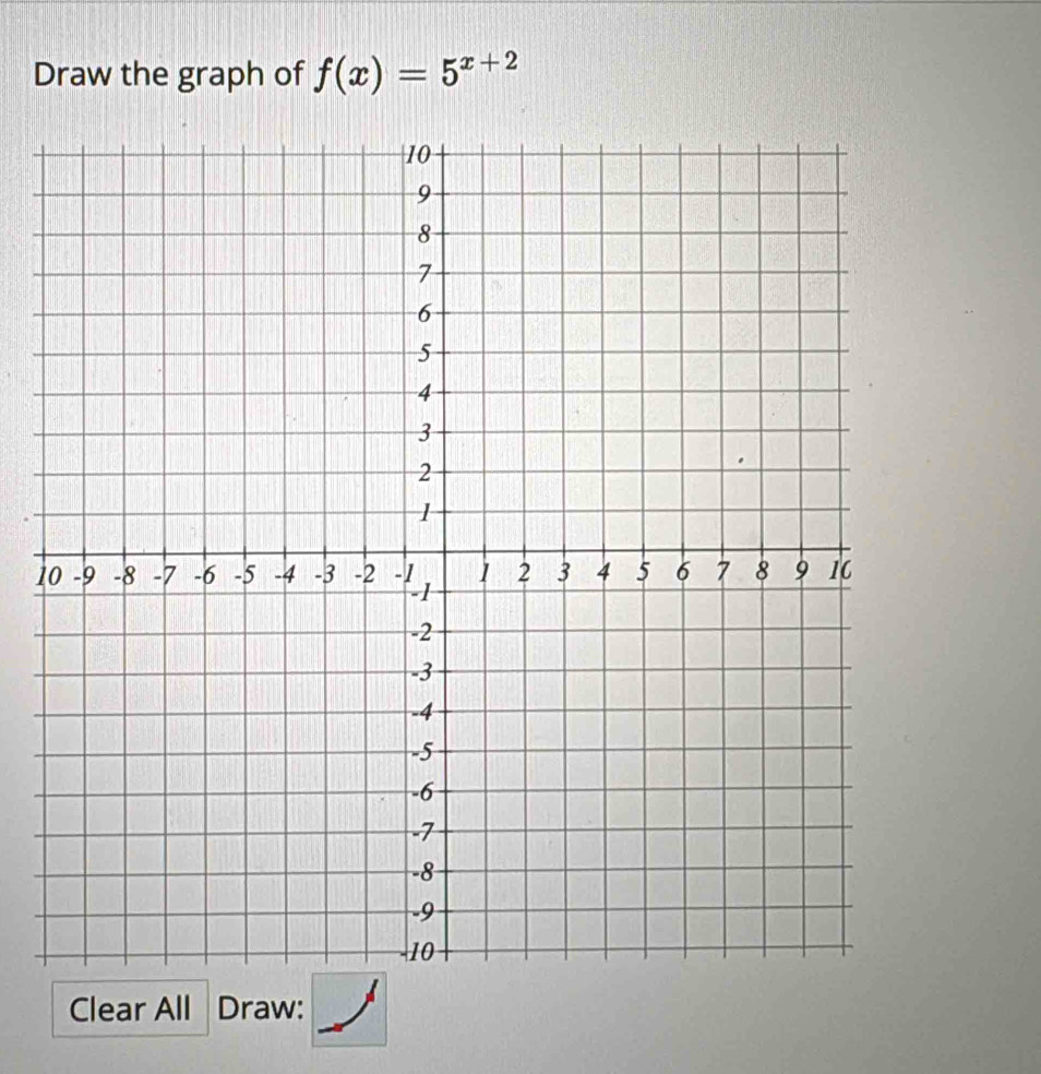 Draw the graph of f(x)=5^(x+2)
1 
Clear All Draw: