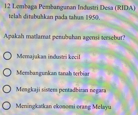 Lembaga Pembangunan Industri Desa (RIDA)
telah ditubuhkan pada tahun 1950.
Apakah matlamat penubuhan agensi tersebut?
Memajukan industri kecil
Membangunkan tanah terbiar
Mengkaji sistem pentadbiran negara
Meningkatkan ekonomi orang Melayu