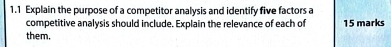 1.1 Explain the purpose of a competitor analysis and identify five factors a 
competitive analysis should include. Explain the relevance of each of 15 marks 
them.