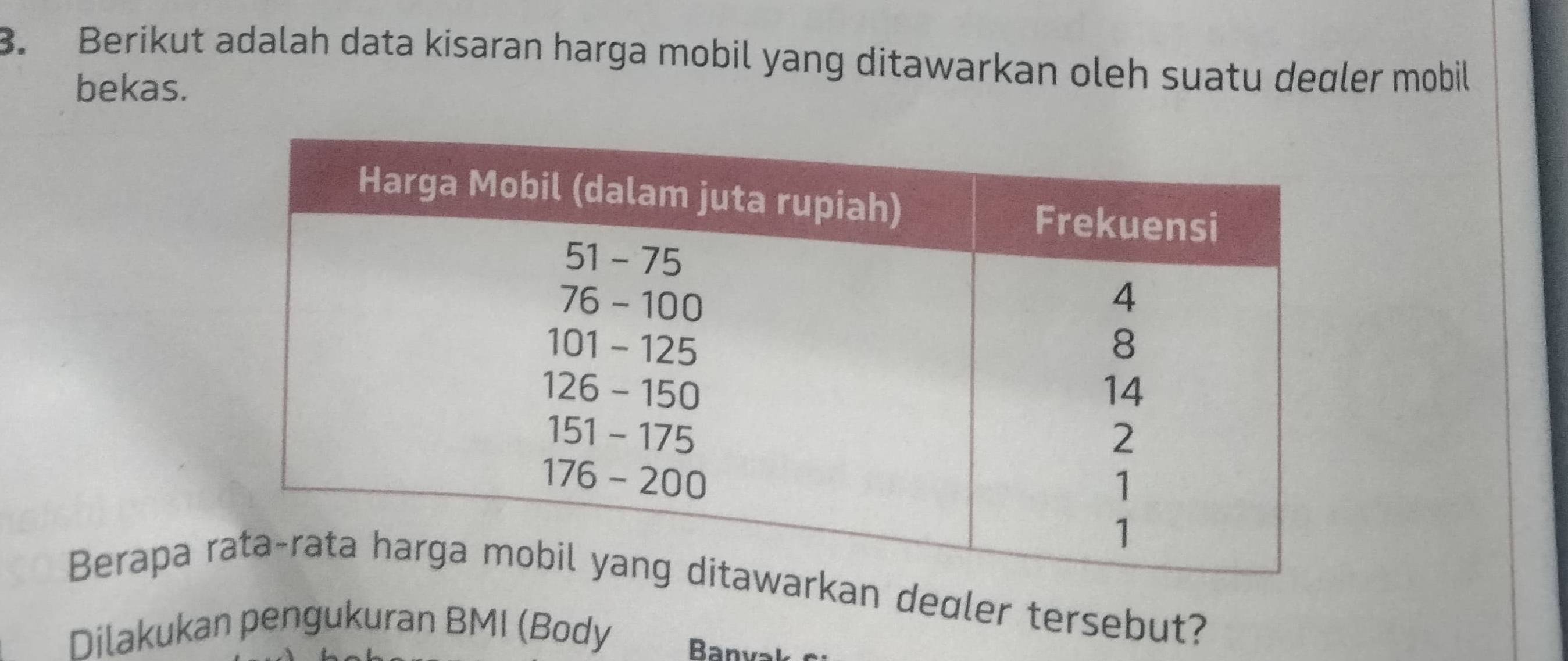 Berikut adalah data kisaran harga mobil yang ditawarkan oleh suatu deɑler mobil 
bekas. 
Berapa an deαler tersebut? 
Dilakukan pengukuran BMI (Body Bany