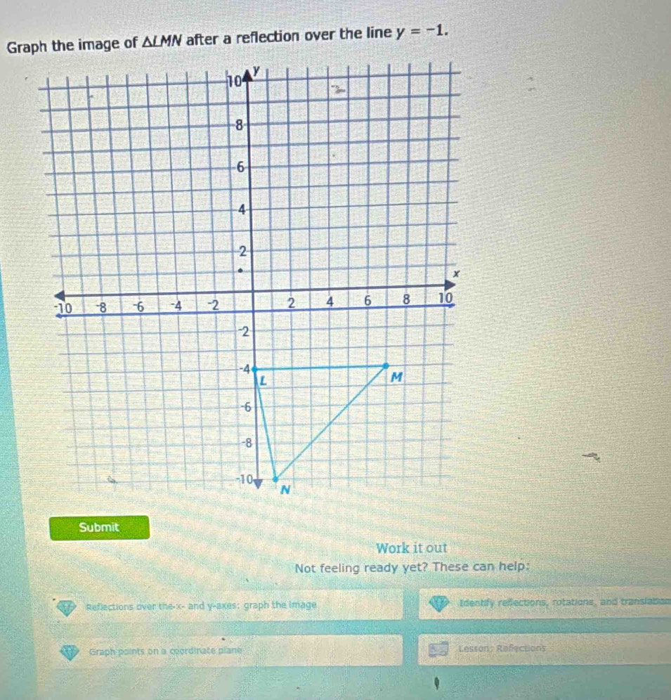 after a reflection over the line y=-1.
Submit
Work it out
Not feeling ready yet? These can help:
Reflections over the-x- and y-axes: graph the image Identify refections, rotations, and translation
Graph points on a coordinate plane Lesson Refections