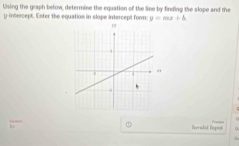 Using the graph below, determine the equation of the line by finding the slope and the 
y-intercept. Enter the equation in slope intercept form: y=mx+b. 
0 
Q 
① 
Preview 
Equestim Invalid Input Q 
1m 
Qu