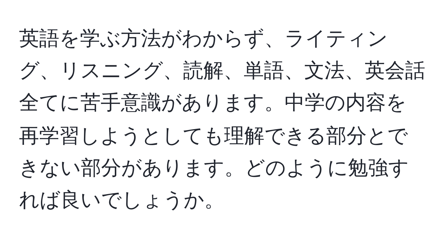 英語を学ぶ方法がわからず、ライティング、リスニング、読解、単語、文法、英会話全てに苦手意識があります。中学の内容を再学習しようとしても理解できる部分とできない部分があります。どのように勉強すれば良いでしょうか。