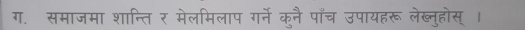 ग. समाजमा शान्ति र मेलमिलाप गर्ने कुनै पाँच उपायहरू लेब्नुहोस् ।