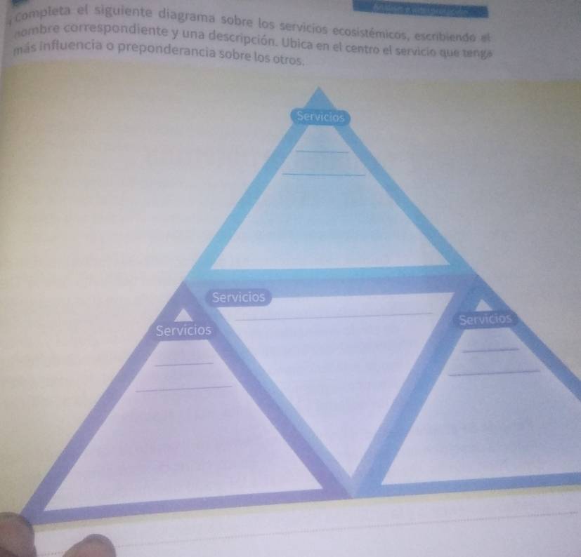 Completa el siguiente diagrama sobre los servicios ecosistémicos, escribiendo el 
n ombre correspondiente y una descripción. Ubica en el centro el servicio que tenga 
más influencia o preponderancia sobre los otros