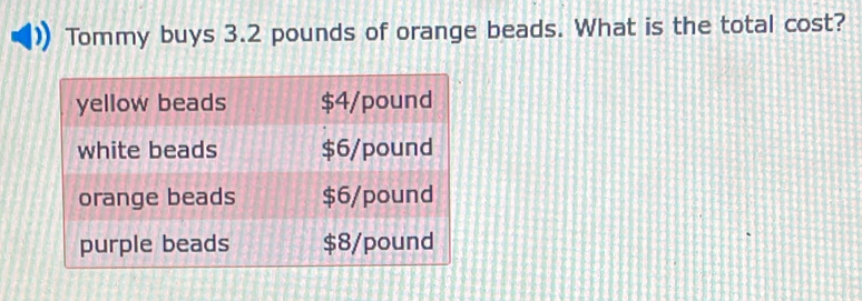 Tommy buys 3.2 pounds of orange beads. What is the total cost?