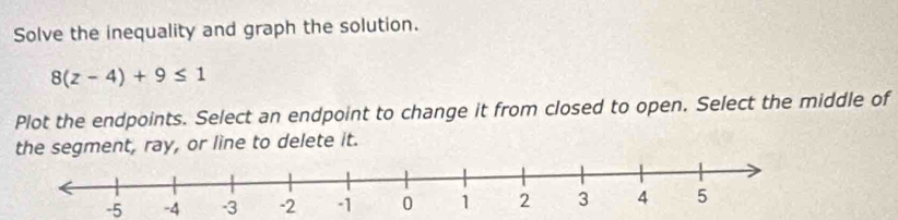 Solve the inequality and graph the solution.
8(z-4)+9≤ 1
Plot the endpoints. Select an endpoint to change it from closed to open. Select the middle of 
the segment, ray, or line to delete it.
-5