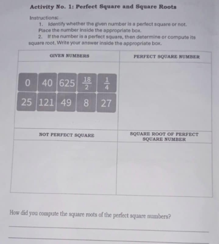 Activity No. 1: Perfect Square and Square Roots
Instructions:
1. Identify whether the given number is a perfect square or not.
Place the number inside the appropriate box.
2. If the number is a perfect square, then determine or compute its
square root. Write your answer inside the appropriate box.
How did you compute the square roots of the perfect square numbers?
_
_