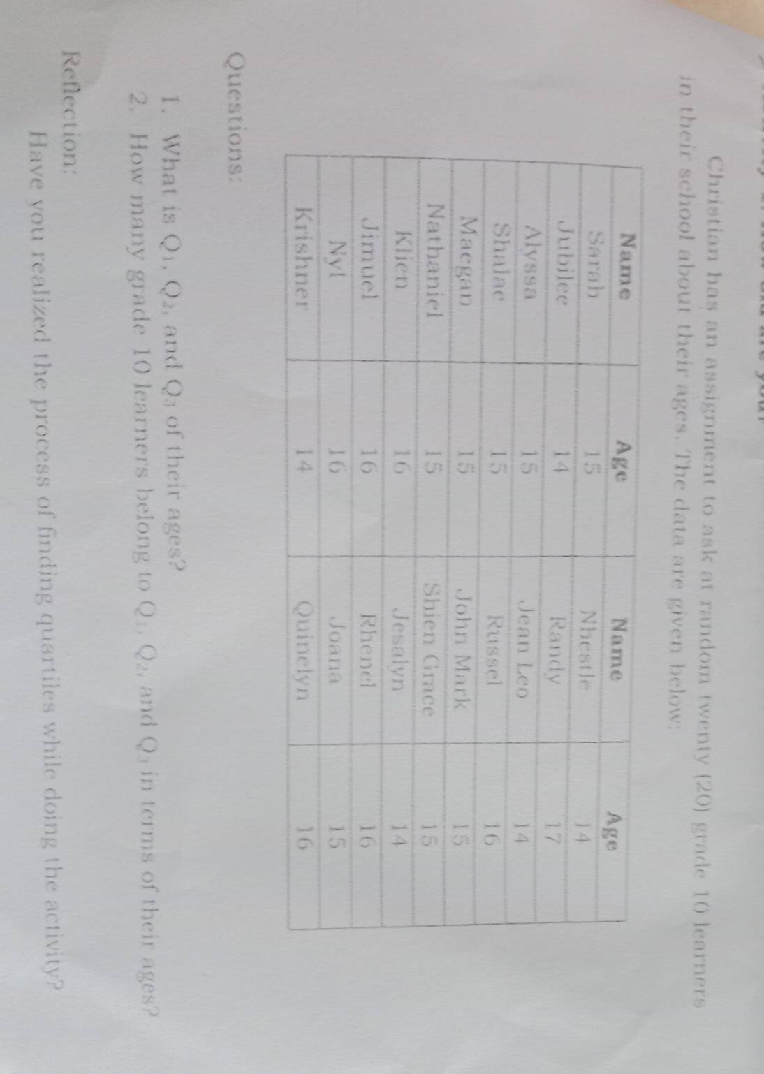 Christian has an assignment to ask at random twenty (20) grade 10 learners 
in their school about their ages. The data are given below: 
Questions: 
1. What is Q_1, Q_2 , and Q_3 of their ages? 
2. How many grade 10 learners belong to Q_1, Q_2 ,and Q_3 in terms of their ages? 
Reflection: 
Have you realized the process of finding quartiles while doing the activity?