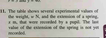 r=3 and y=40. 
11. The table shows several experimental values of 
the weight, w N, and the extension of a spring,
x m, that were recorded by a pupil. The last 
value of the extension of the spring is not yet 
recorded.