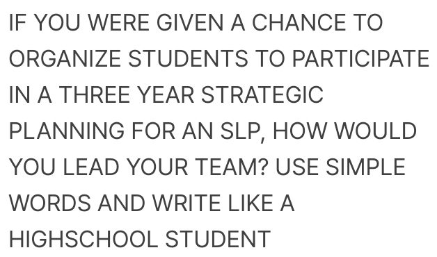 IF YOU WERE GIVEN A CHANCE TO 
ORGANIZE STUDENTS TO PARTICIPATE 
IN A THREE YEAR STRATEGIC 
PLANNING FOR AN SLP, HOW WOULD 
YOU LEAD YOUR TEAM? USE SIMPLE 
WORDS AND WRITE LIKE A 
HIGHSCHOOL STUDENT