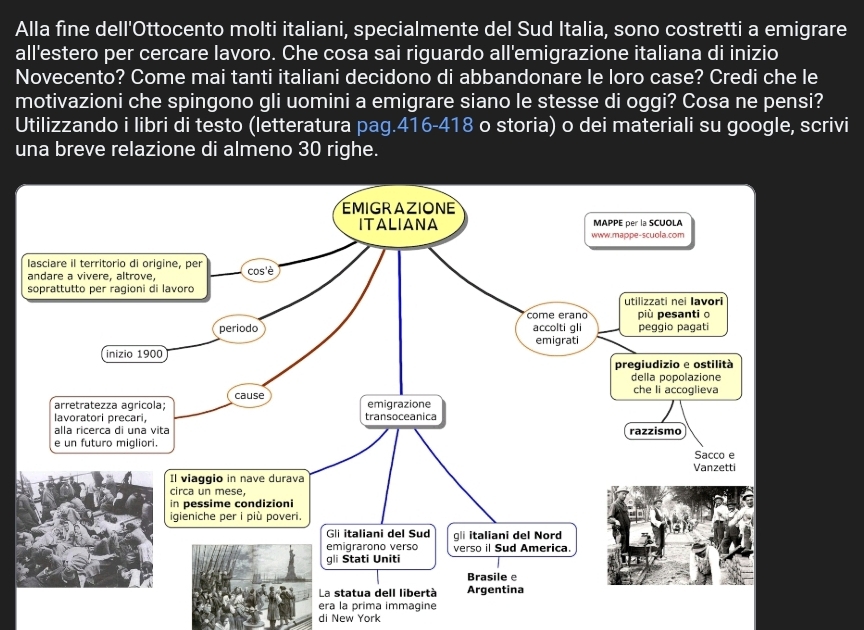 Alla fine dell'Ottocento molti italiani, specialmente del Sud Italia, sono costretti a emigrare 
all'estero per cercare lavoro. Che cosa sai riguardo all'emigrazione italiana di inizio 
Novecento? Come mai tanti italiani decidono di abbandonare le loro case? Credi che le 
motivazioni che spingono gli uomini a emigrare siano le stesse di oggi? Cosa ne pensi? 
Utilizzando i libri di testo (letteratura pag.416-418 o storia) o dei materiali su google, scrivi 
una breve relazione di almeno 30 righe. 
era la prima immagine 
di New York