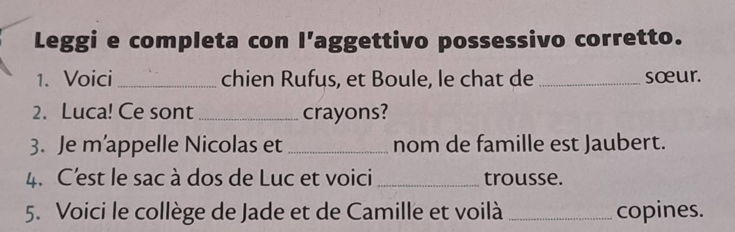 Leggi e completa con l’aggettivo possessivo corretto. 
1. Voici _chien Rufus, et Boule, le chat de _sœur. 
2. Luca! Ce sont _crayons? 
3. Je m’appelle Nicolas et _nom de famille est Jaubert. 
4. C'est le sac à dos de Luc et voici _trousse. 
5. Voici le collège de Jade et de Camille et voilà _copines.