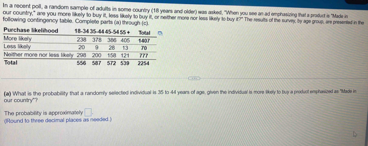 In a recent poll, a random sample of adults in some country (18 years and older) was asked, "When you see an ad emphasizing that a product is "Made in 
our country," are you more likely to buy it, less likely to buy it, or neither more nor less likely to buy it?" The results of the survey, by age group, are presented in the 
following contingency table. Complete parts (a) through (c). 
(a) What is the probability that a randomly selected individual is 35 to 44 years of age, given the individual is more likely to buy a product emphasized as "Made in 
our country"? 
The probability is approximately □. 
(Round to three decimal places as needed.)