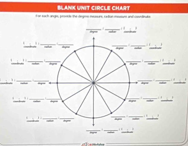 BLANK UNIT CIRCLE CHART 
For each angle, provide the degree measure, radian measure and coordinate. 
_1_ i 
coardinate 
degres n 
ể lạl:Worlkshop