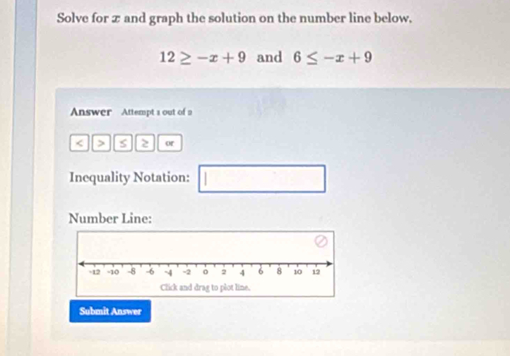 Solve for x and graph the solution on the number line below,
12≥ -x+9 and 6≤ -x+9
Answer Attempt 1 out of 2 
< > s 2 or 
Inequality Notation: □ 
Number Line: 
Submit Answer