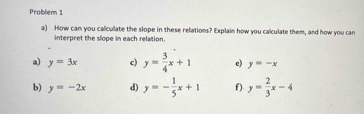 Problem 1 
a) How can you calculate the slope in these relations? Explain how you calculate them, and how you can 
interpret the slope in each relation. 
a) y=3x c) y= 3/4 x+1 e) y=-x
b) y=-2x d) y=- 1/5 x+1 f) y= 2/3 x-4