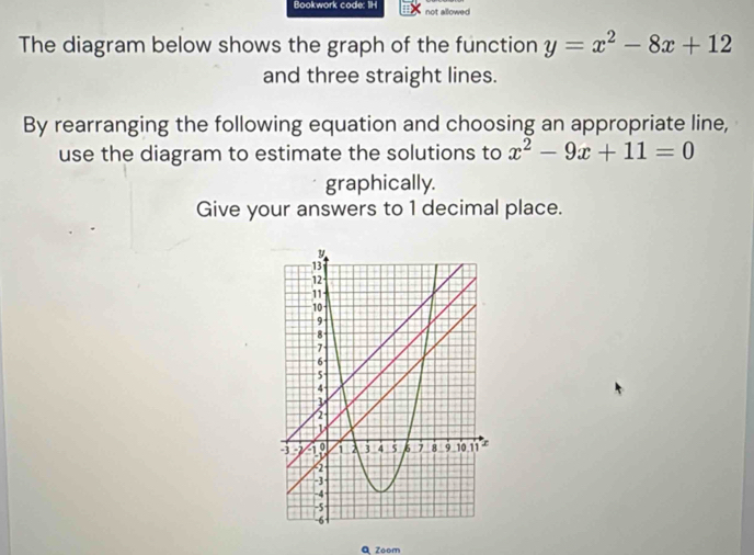 Bookwork code: 1H not allowed 
The diagram below shows the graph of the function y=x^2-8x+12
and three straight lines. 
By rearranging the following equation and choosing an appropriate line, 
use the diagram to estimate the solutions to x^2-9x+11=0
graphically. 
Give your answers to 1 decimal place. 
Q Zoom