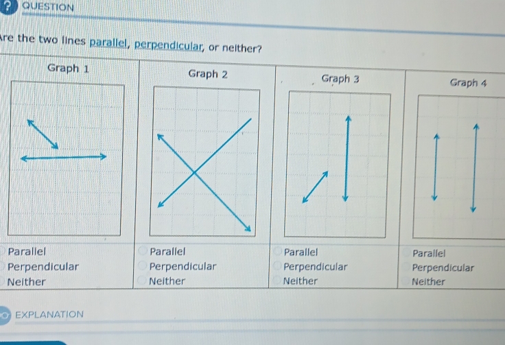 QUESTION 
Are the two lines parallel, perpendicular, or neither? 
Graph 1 Grap
P
P
N
EXPLANATION