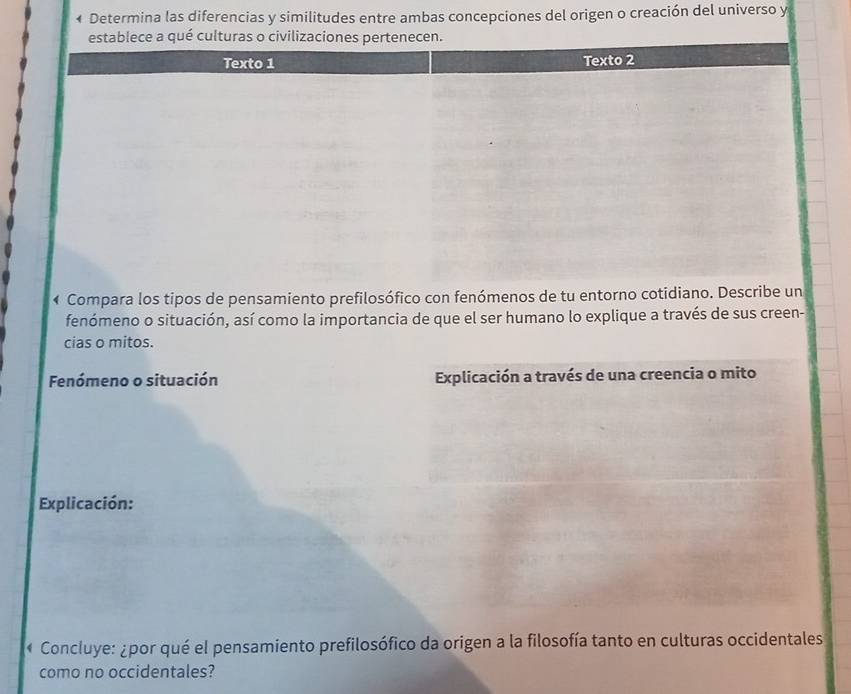 Determina las diferencias y similitudes entre ambas concepciones del origen o creación del universo y 
← Compara los tipos de pensamiento prefilosófico con fenómenos de tu entorno cotidiano. Describe un 
fenómeno o situación, así como la importancia de que el ser humano lo explique a través de sus creen- 
cias o mitos. 
Fenómeno o situación Explicación a través de una creencia o mito 
Explicación: 
* Concluye: ¿por qué el pensamiento prefilosófico da origen a la filosofía tanto en culturas occidentales 
como no occidentales?