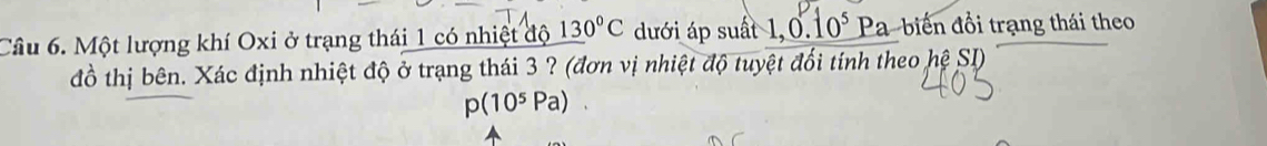 Cầu 6. Một lượng khí Oxi ở trạng thái 1 có nhiệt độ 130°C dưới áp suất 1,0.10^5Pa ển đồi trạng thái theo 
đồ thị bên. Xác định nhiệt độ ở trạng thái 3 ? (đơn vị nhiệt độ tuyệt đổi tính theo hhat eSI)
p(10^5Pa) ^circ 