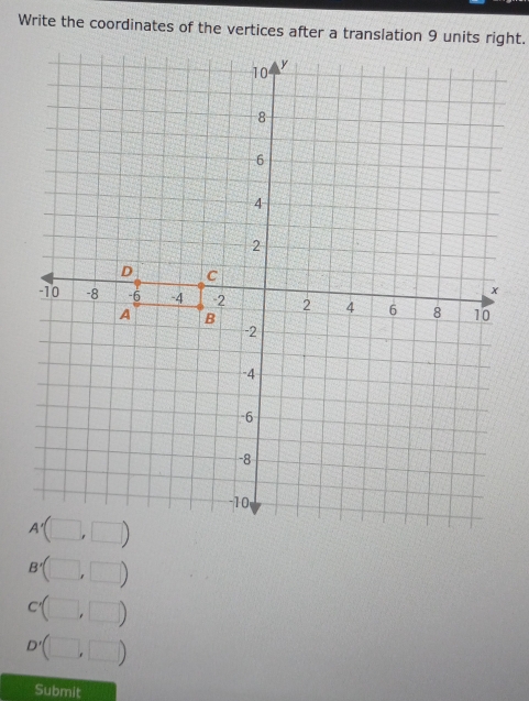 Write the coordinates of the vertices after a translation 9 units right. 

Submit