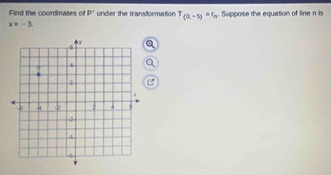 Find the coordinates of P' under the transformation T_(0,-5)circ r_n. Suppose the equation of line n is
x=-3. 
a