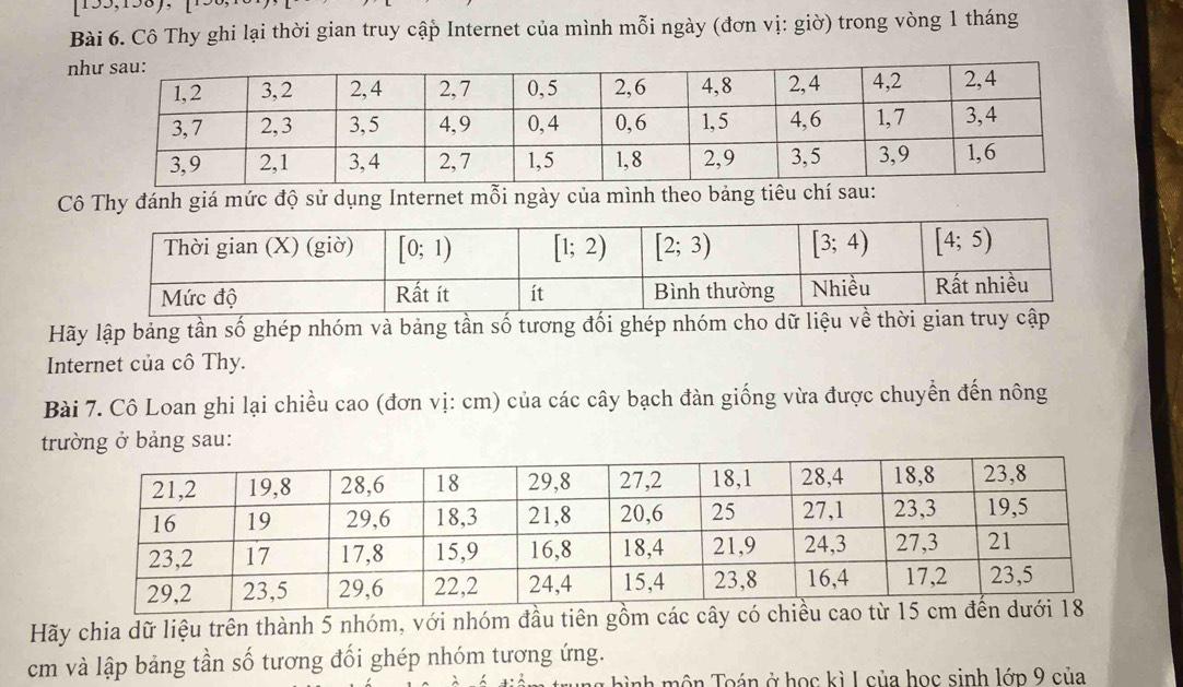 Cô Thy ghi lại thời gian truy cập Internet của mình mỗi ngày (đơn vị: giờ) trong vòng 1 tháng
n
Cô Thy đánh giá mức độ sử dụng Internet mỗi ngày của mình theo bảng tiêu chí sau:
Hãy lập bảng tần số ghép nhóm và bảng tần số tương đối ghép nhóm cho dữ liệu về thời g
Internet của cô Thy.
Bài 7. Cô Loan ghi lại chiều cao (đơn vị: cm) của các cây bạch đàn giống vừa được chuyển đến nông
trường ở bảng sau:
Hãy chia dữ liệu trên thành 5 nhóm, với nhóm đầu tiên gồm các
cm và lập bảng tần số tương đối ghép nhóm tương ứng.
ình môn Toán ở học kì I của học sinh lớp 9 của