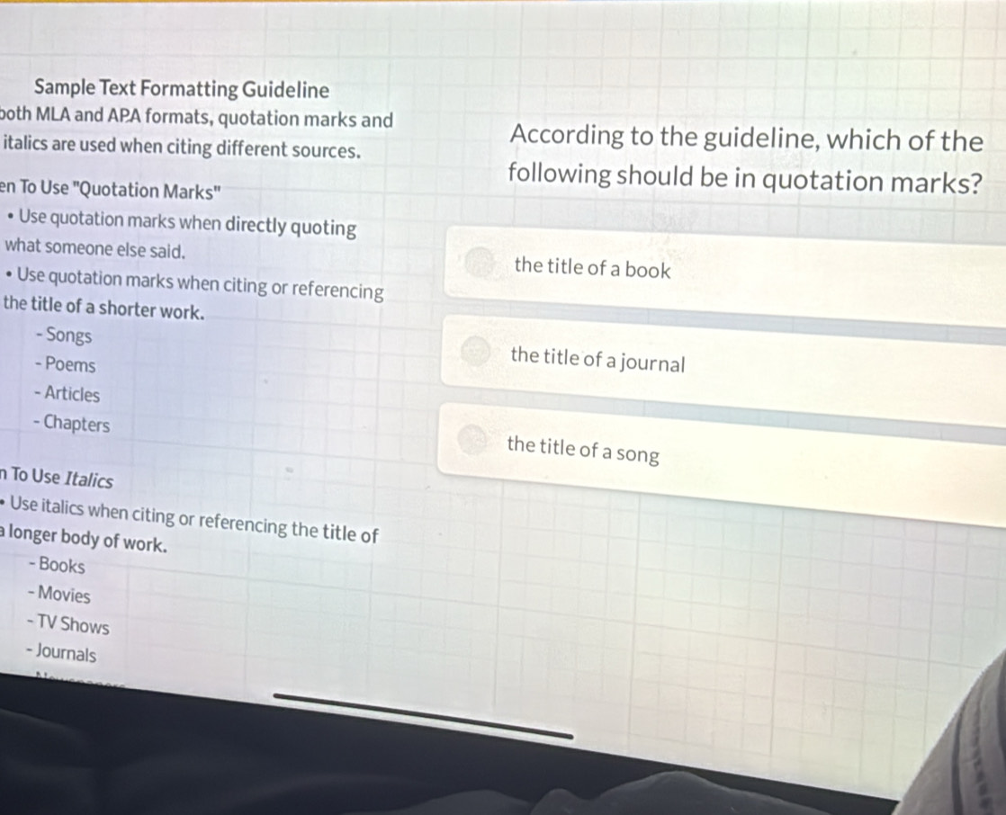Solved: Sample Text Formatting Guideline both MLA and APA formats ...