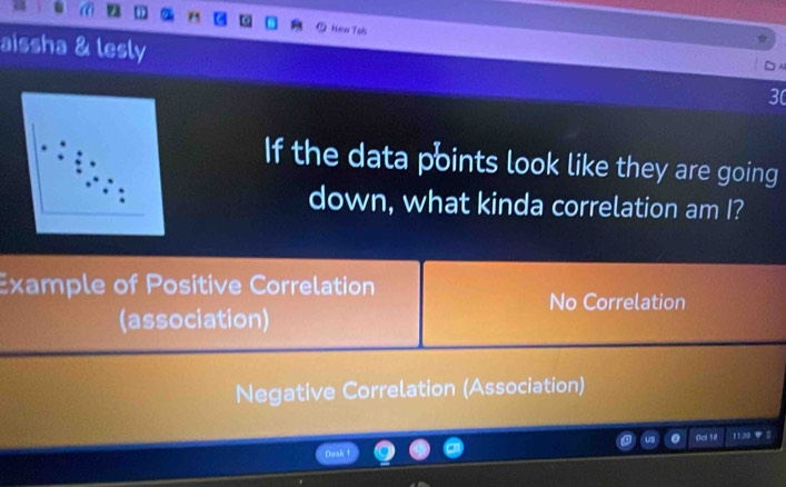 Hen Tsh
aissha & lesly 30
If the data points look like they are going
down, what kinda correlation am I?
Example of Positive Correlation
No Correlation
(association)
Negative Correlation (Association)
uS 0 Oct 1 11x+E