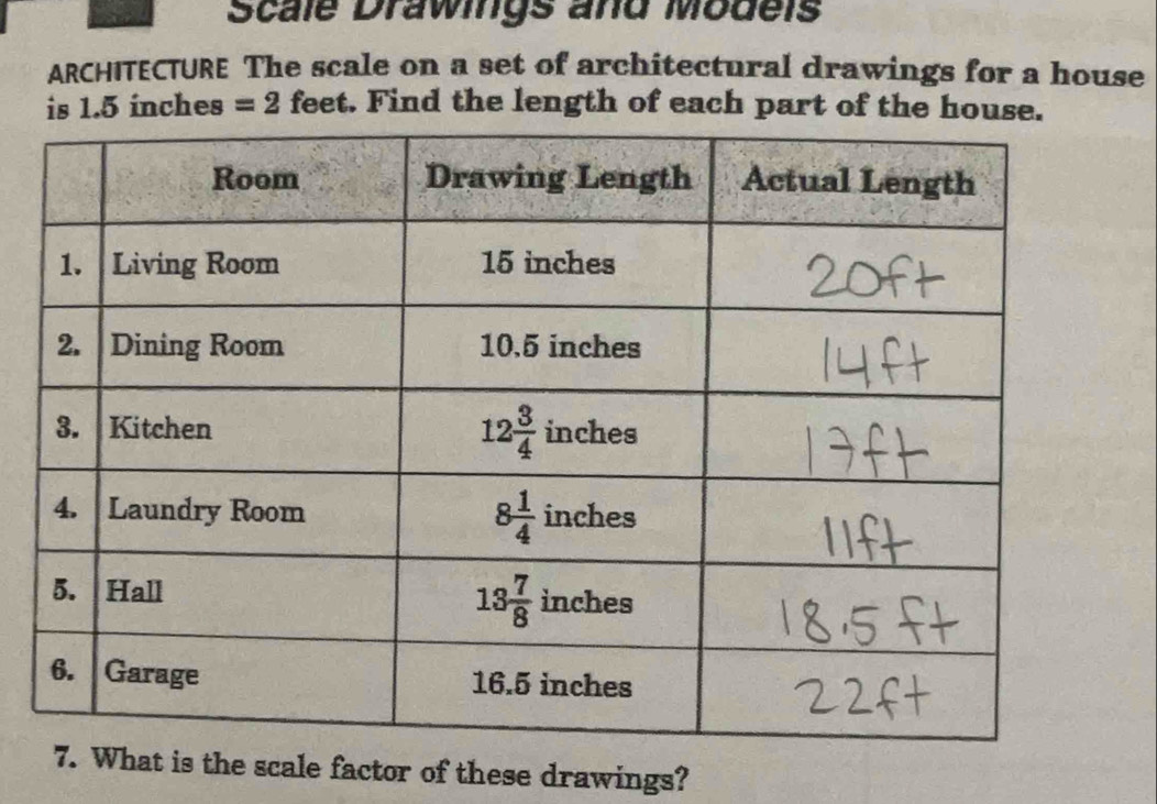 Scale Drawings and Models
ARCHITECTURE The scale on a set of architectural drawings for a house
is 1.5 inches =2 feet. Find the length of each part of the house.
at is the scale factor of these drawings?