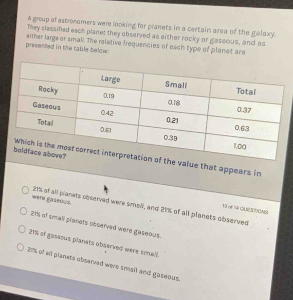A group of astronomers were looking for planets in a certain area of the galaxy.
They classified each planet they observed as either rocky or gaseous, and as
either large or small. The relative frequencies of each type of planet are
presented in the table below:
lue that appears in
were gaseous.
21% of all planets observed were small, and 21% of all planets observed
10 of 14 QUESTIONS
21% of small planets observed were gaseous.
21% of gaseous planets observed were small,
21% of all planets observed were small and gaseous.