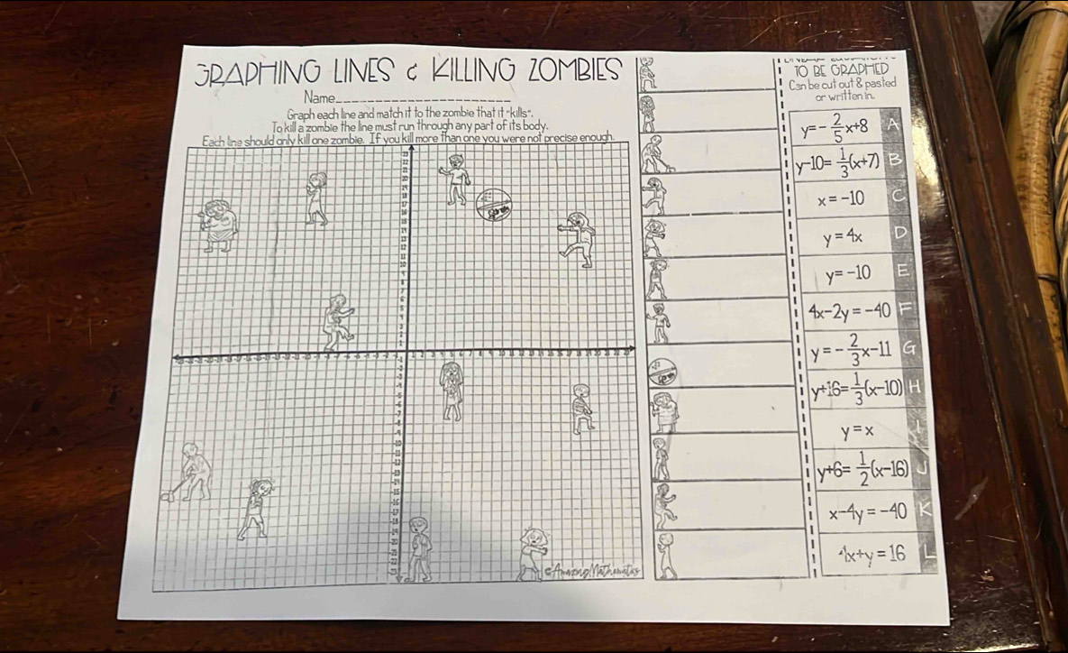 GRAPHING LINES C KILLING ZOMBIES
TO BE GRAPHED
Name Can be cut out & pasted
Graph each line and match it to the zombie that it "kills". written in.
To kill a zbie the line must run through any part of its body.
1 y=- 2/5 x+8
y-10= 1/3 (x+7)
x=-10
1
1 y=4x D
y=-10 E
4x-2y=-40 =
y=- 2/3 x-11 G
y+16= 1/3 (x-10) H
y=x
y+6= 1/2 (x-16)

| x-4y=-40
1
1^(wedge)(x+y=16