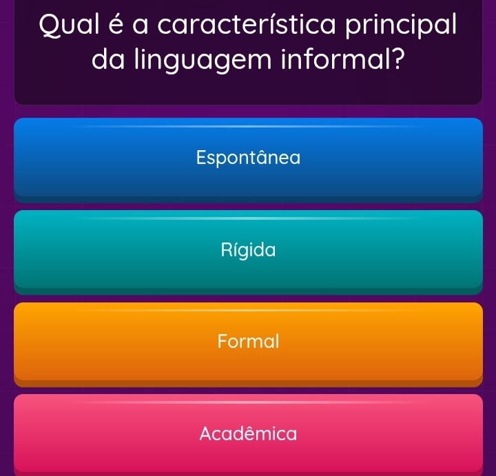 Qual é a característica principal
da linguagem informal?
Espontânea
Rígida
Formal
Acadêmica